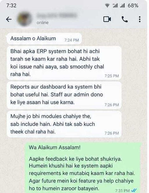 WhatsApp review from a School ERP Client