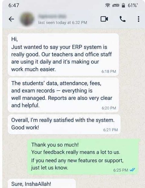 WhatsApp review from a School ERP Client