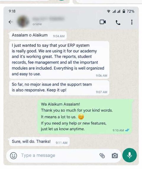 WhatsApp review from a School ERP Client