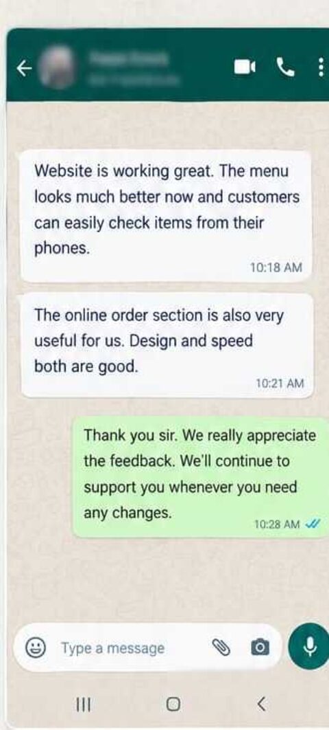 WhatsApp review from a Restaurant Website Client