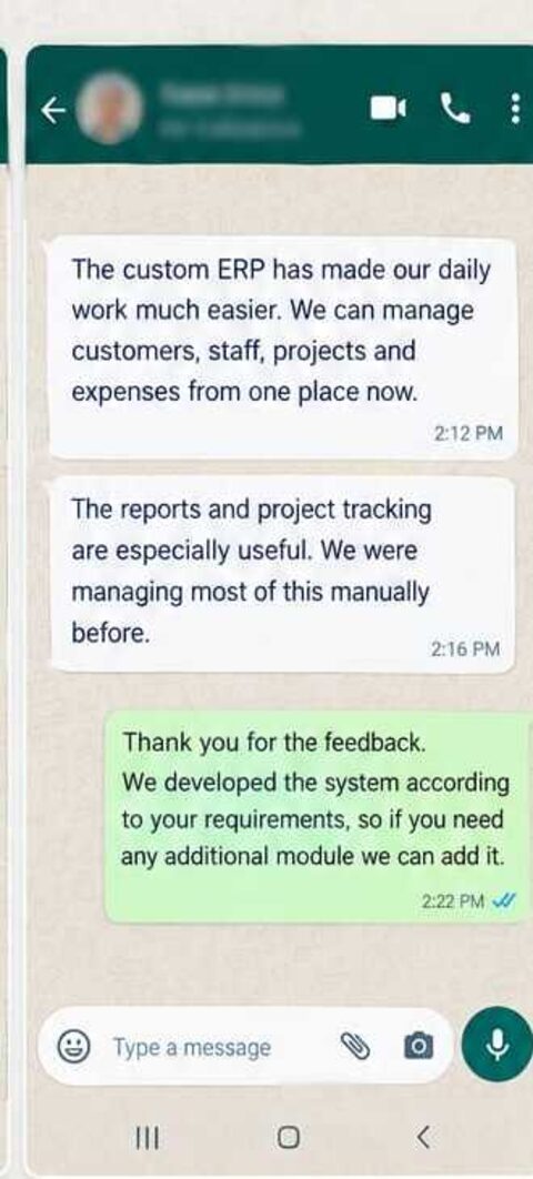 WhatsApp review from a Custom ERP Client